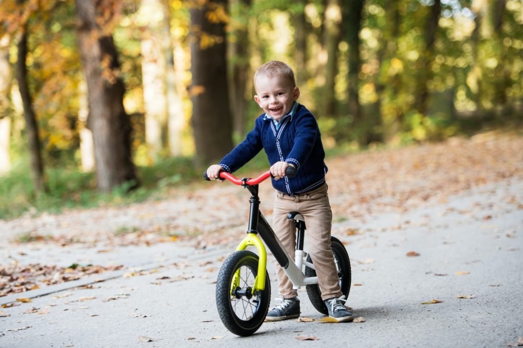 Small toddler boy in autumn forest, riding balance bike