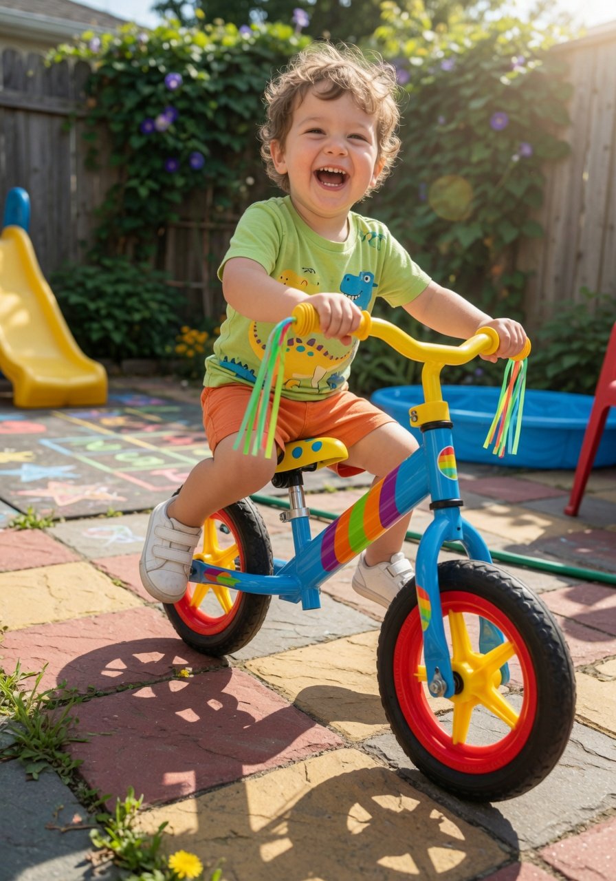 A happy 2-year-old boy riding a bright colorful balance bike on a sunny backyard patio, low-angle action shot, smiling
