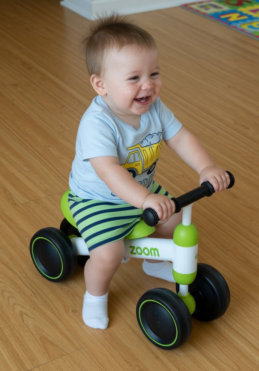 A toddler boy around 18 months old sitting confidently on a small white-and-green four-wheeled balance bike on a smooth