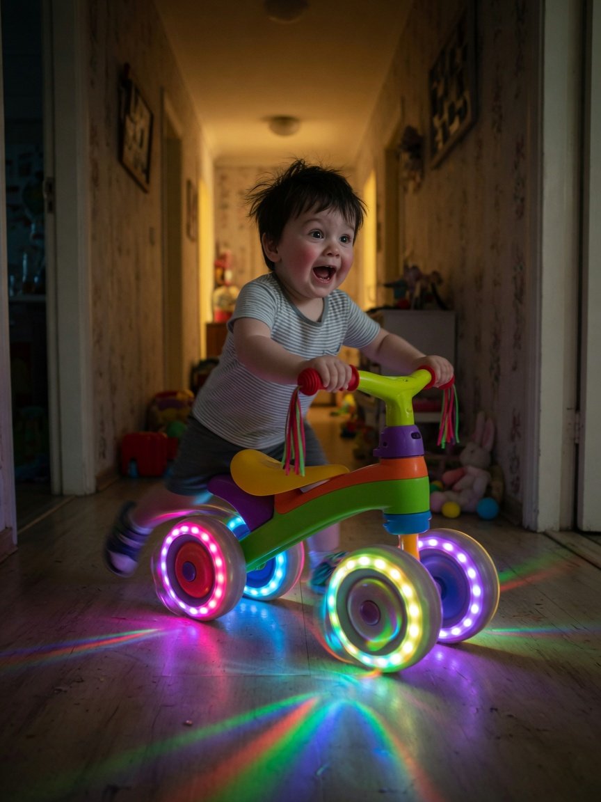A toddler boy scooting on a colorful four-wheeled balance bike with glowing LED wheels in a dimly lit hallway, eyes
