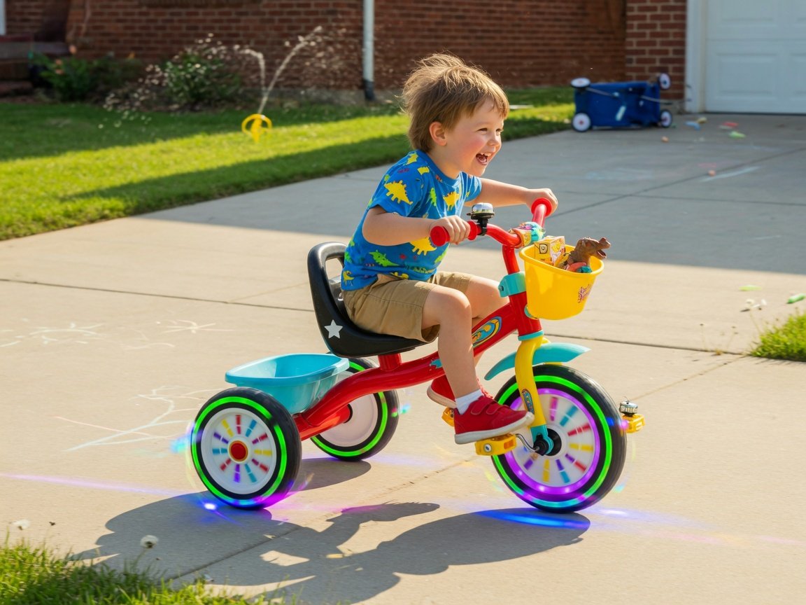 A 2.5-year-old boy pedaling a sturdy colorful tricycle with glowing wheels down a smooth sunny driveway, side-angle