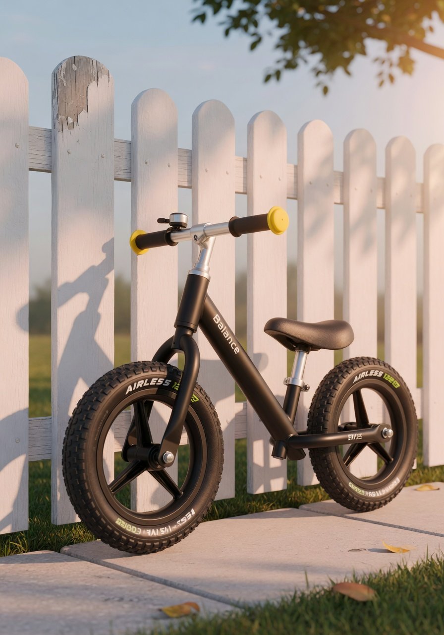 A sleek toddler balance bike with chunky airless tires and a clean frame resting against a white fence outdoors in soft