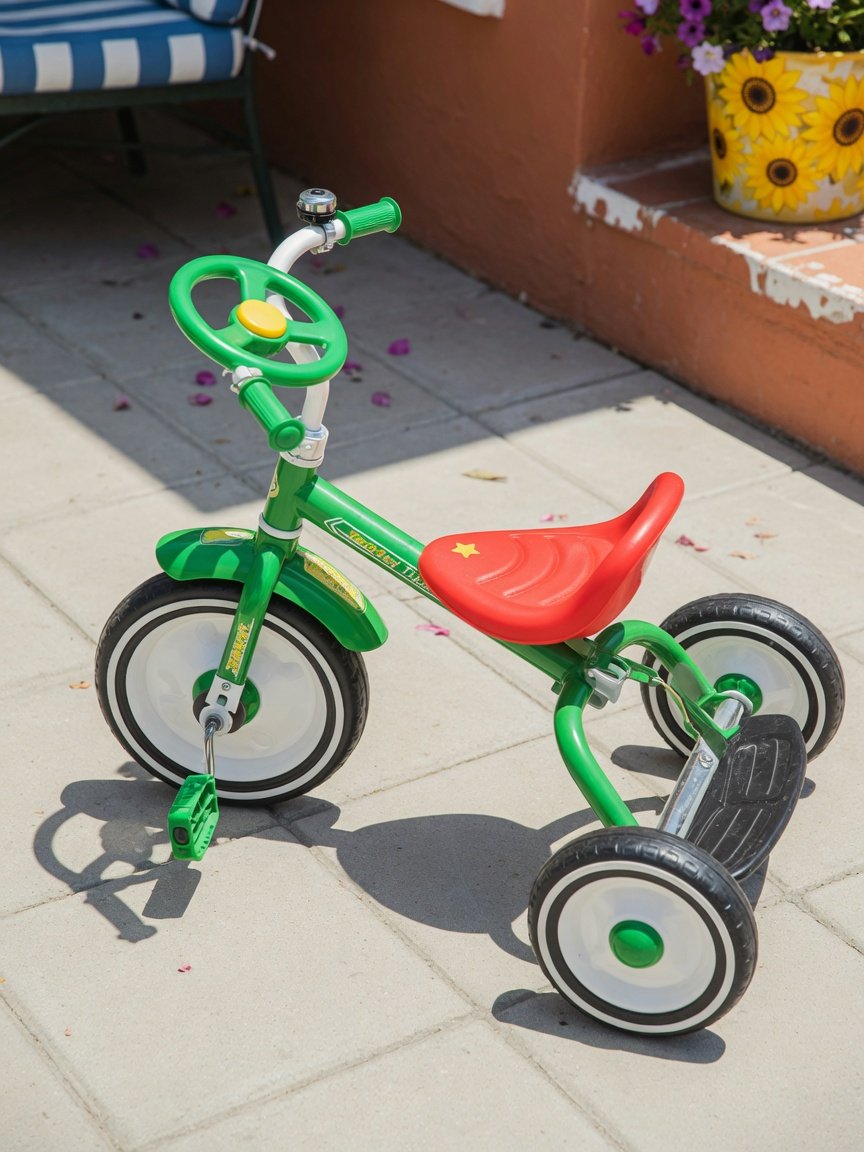 A classic green toddler tricycle on a sunny patio, clean product shot from slightly above and to the side, cheerful