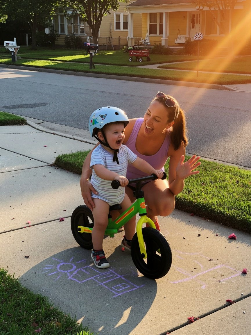 A parent kneeling beside their 2-year-old son on a balance bike on a sunny residential sidewalk, parent smiling and