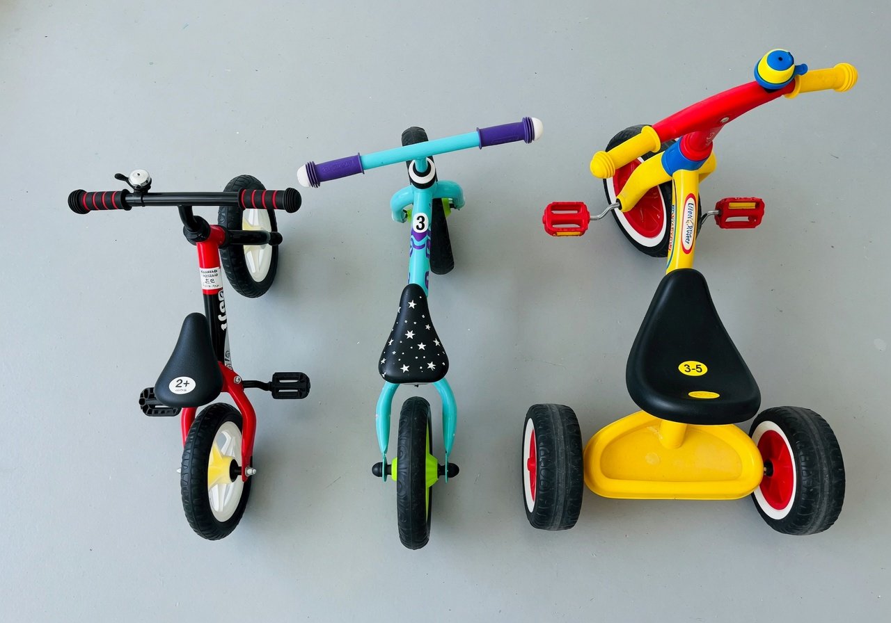 Flat-lay overhead shot of two small balance bikes and one tricycle arranged side by side on a light grey surface