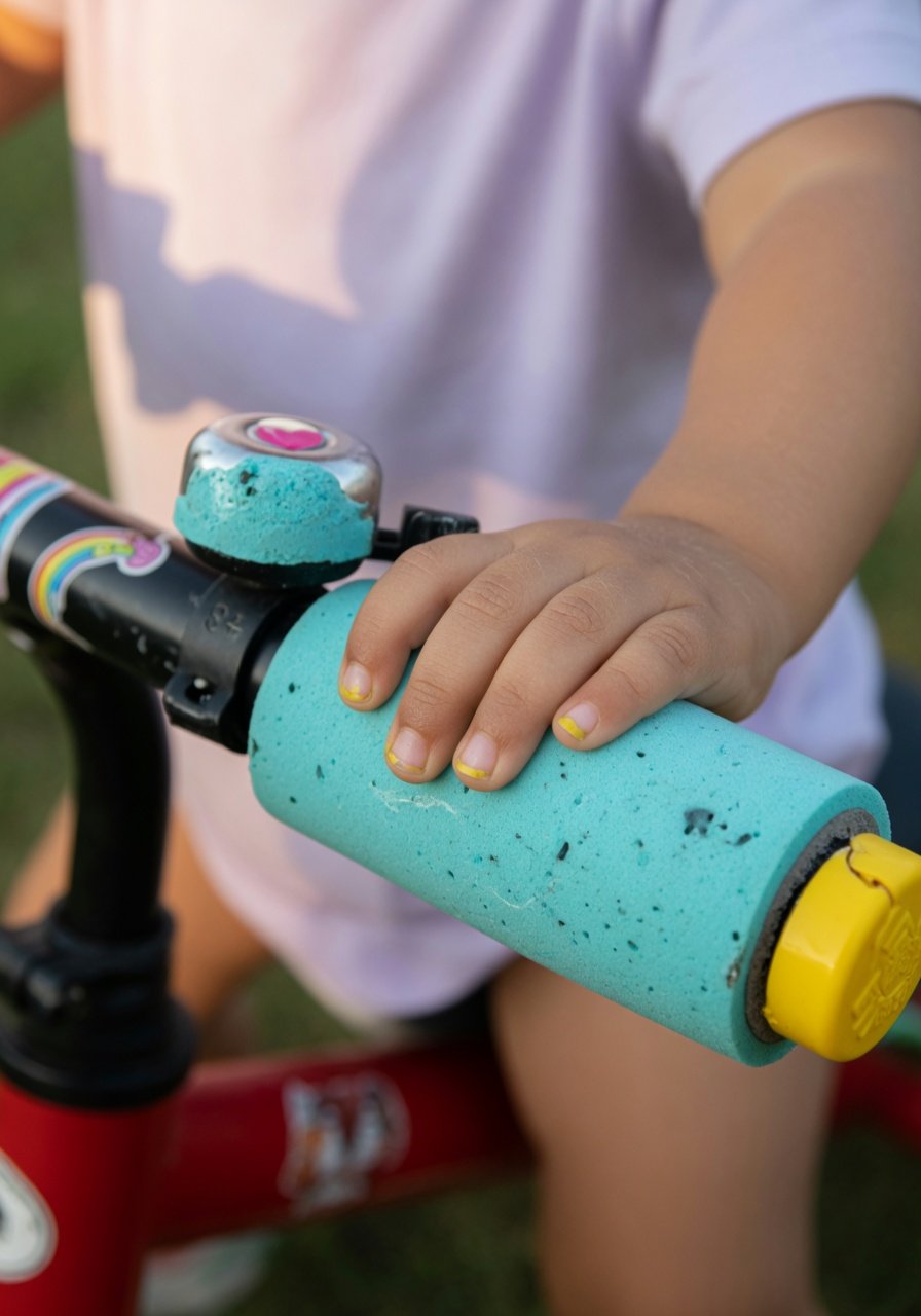 Close-up detail shot of toddler bike handlebars showing foam grip texture and small hand scale, soft natural light