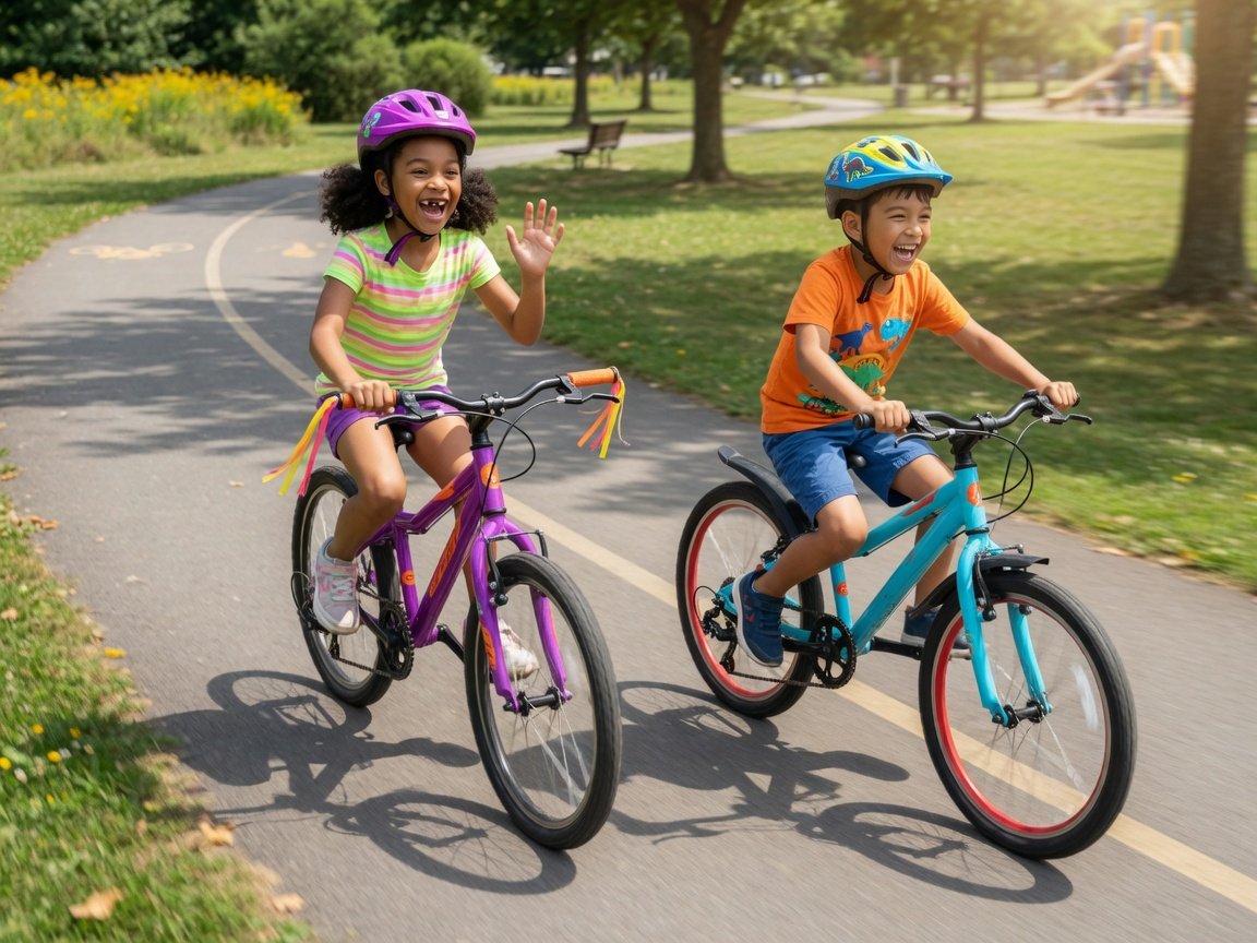 Two kids riding mountain bikes on a sunny forest trail, helmets on, big smiles, golden-hour light filtering through