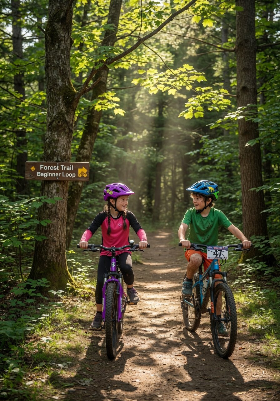 Two kids side by side on kids' mountain bikes at the entrance of a forest trail, helmets on, ready to ride, sunlight