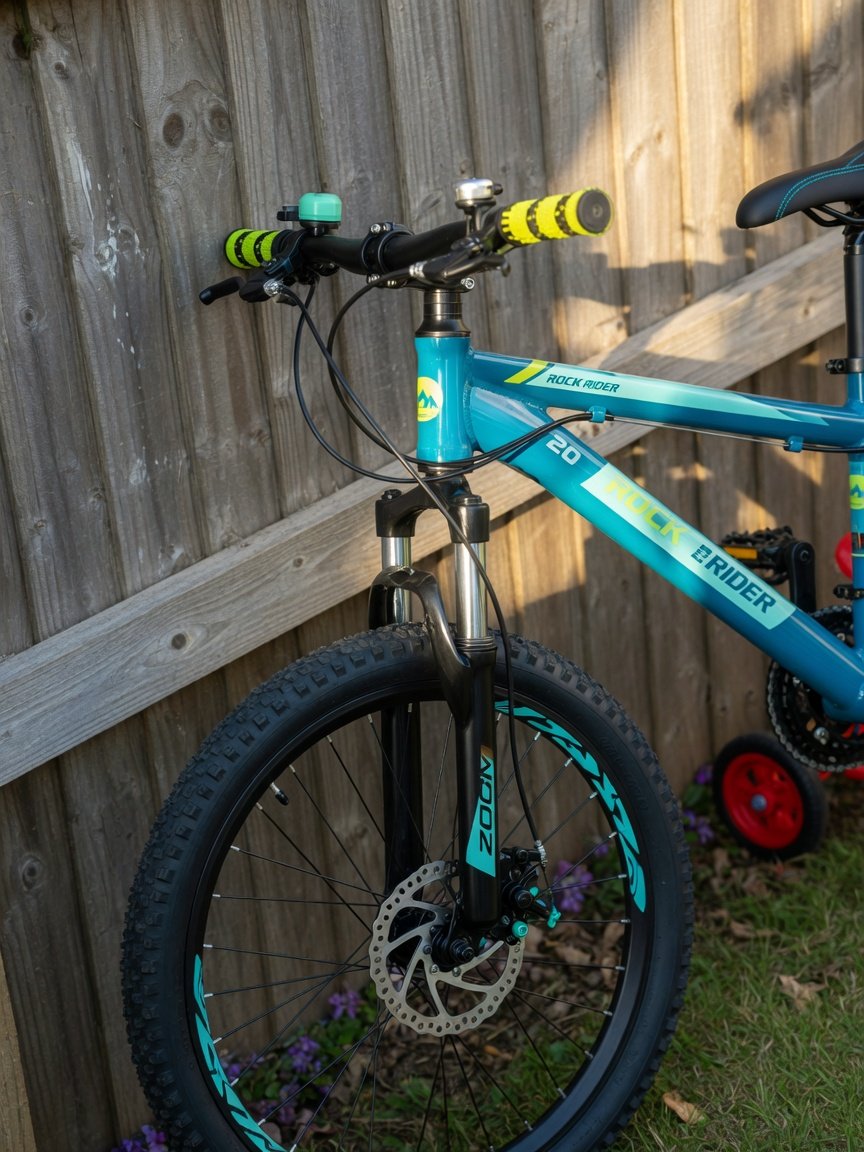A Glerc kids' mountain bike leaning against a wooden fence on a dirt trail, vibrant color, sporty mountain-ready
