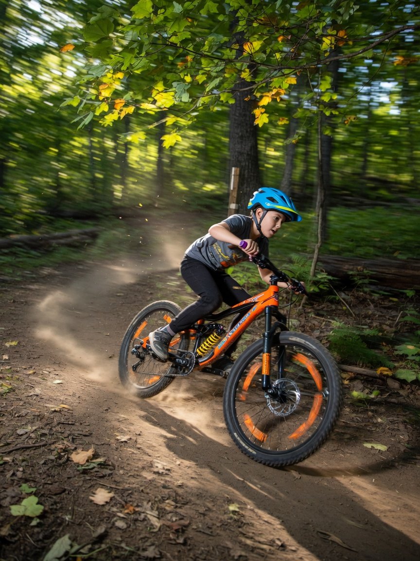 A WEIZE dual-suspension kids' mountain bike on a rocky dirt trail in a forest, young rider in helmet navigating over