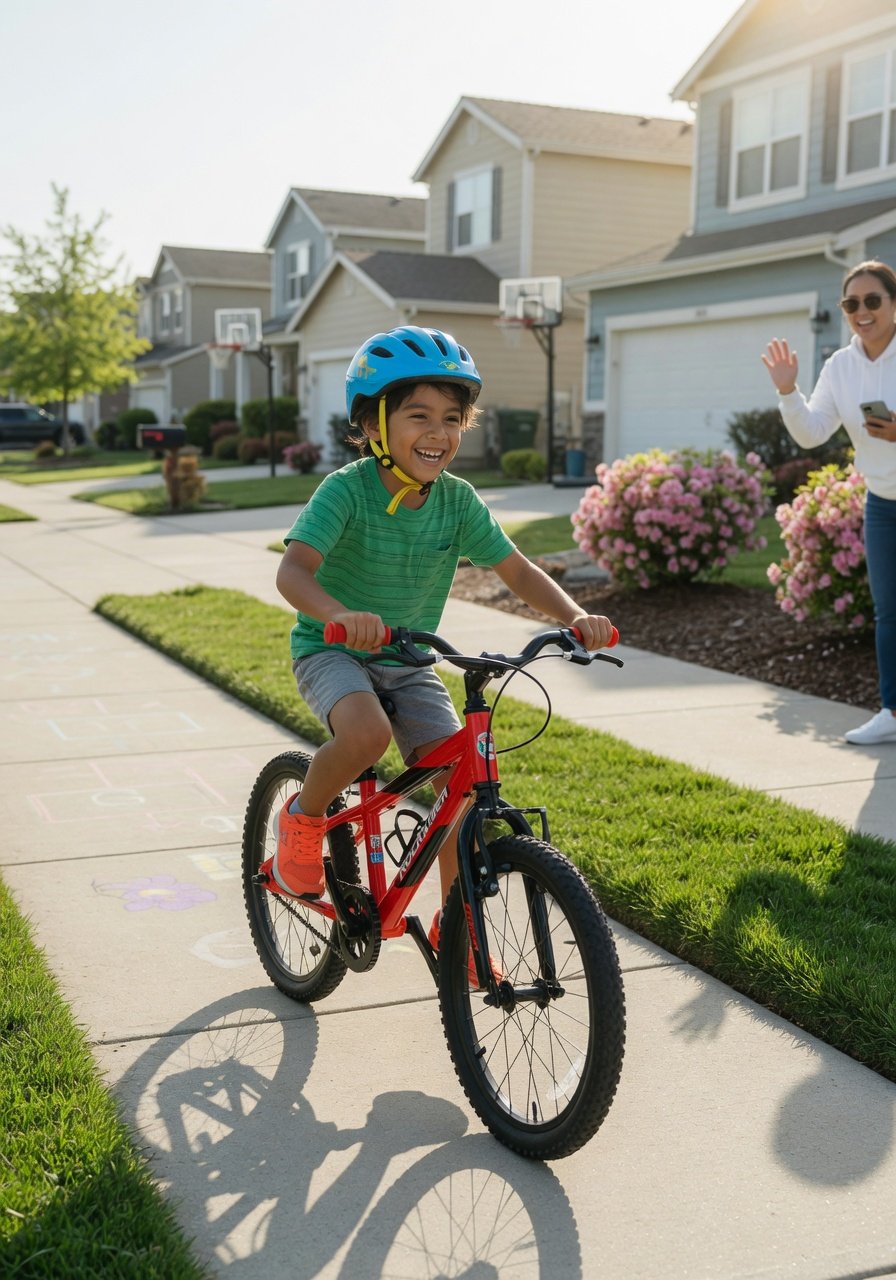 A bright-colored HILAND kids' mountain bike on a smooth park path in sunshine, cheerful suburban setting, child-safe