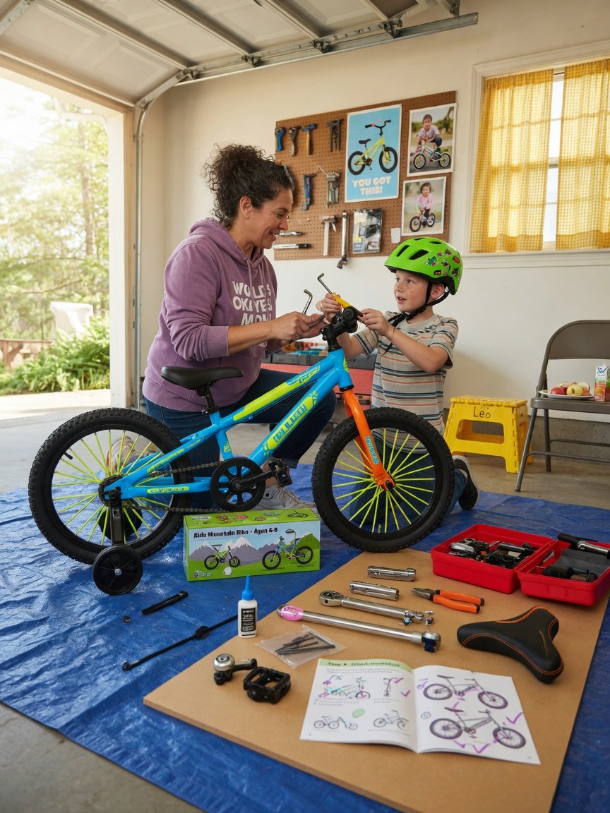 A parent and child assembling a kids' mountain bike together in a bright garage, tools laid out neatly, warm and