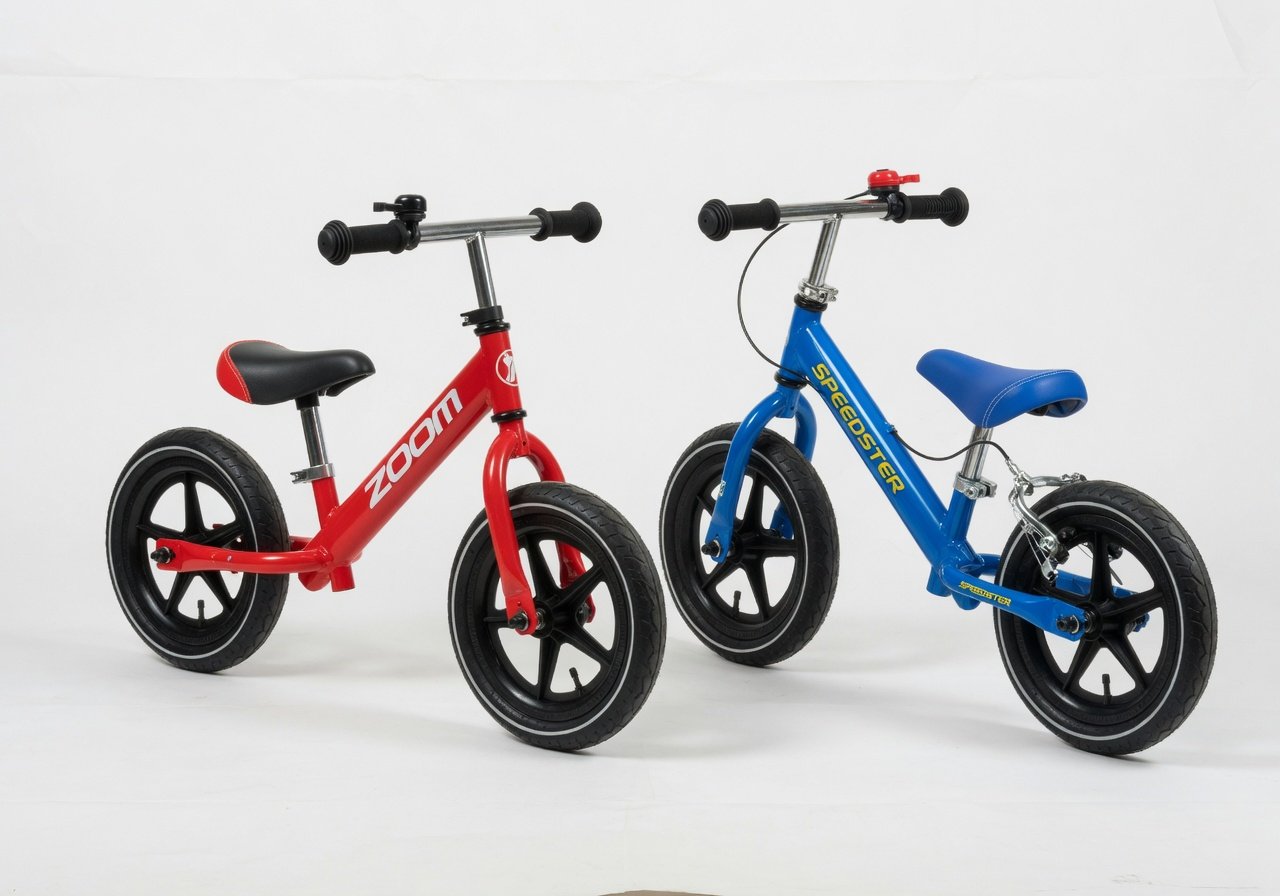 Side-by-side comparison of a balance bike without brakes and a balance bike with a hand brake lever on the handlebar