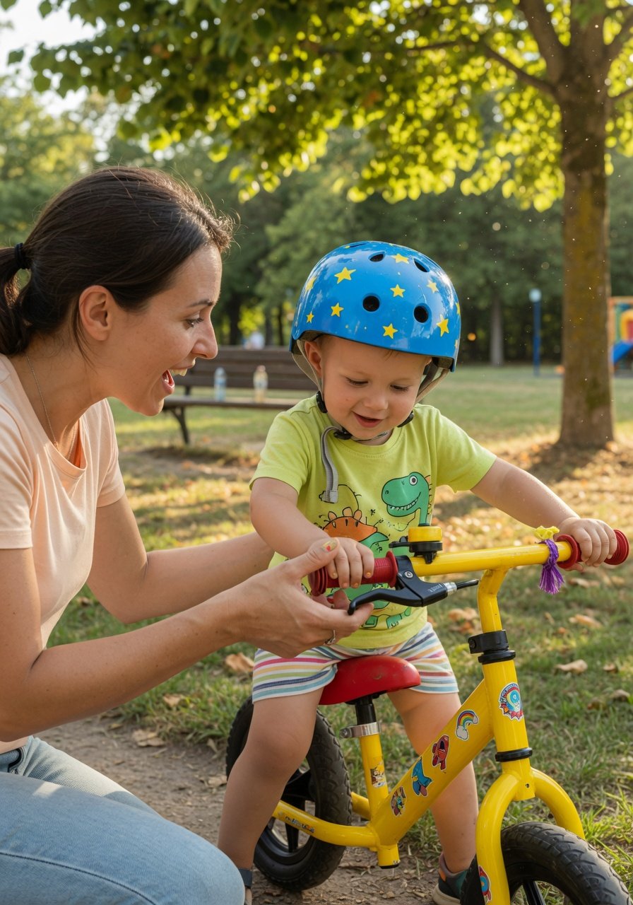 Parent kneeling beside a child on a balance bike and teaching them how to use the brake lever outdoors