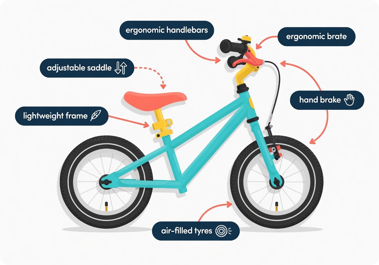 Flat-design diagram of a balance bike anatomy showing frame, saddle, tyres, handlebars, and brake labels