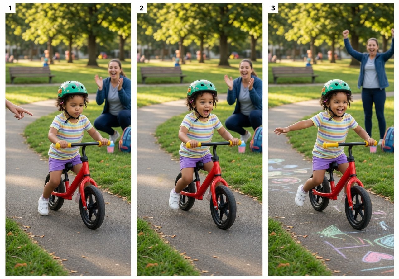 Three-stage learning sequence of a young child progressing from walking to gliding on a balance bike outdoors