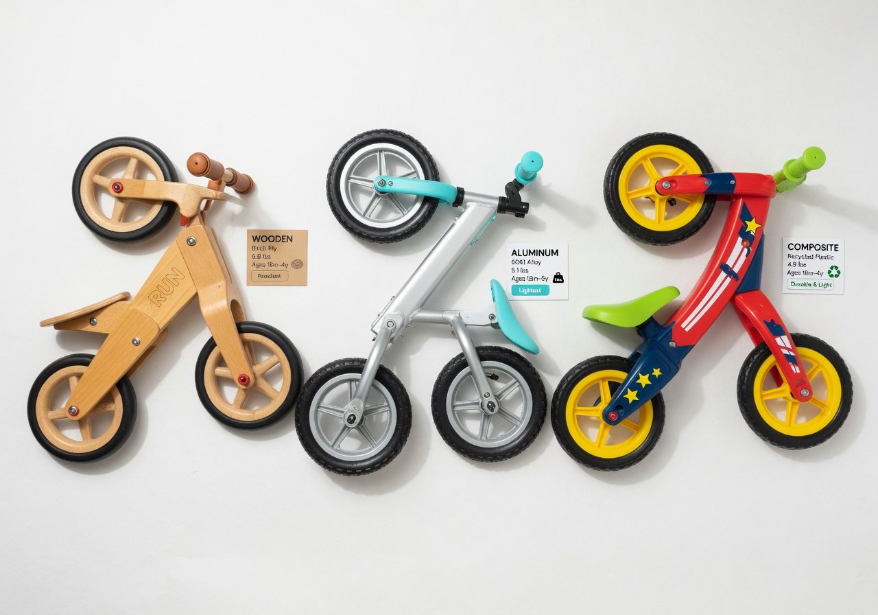 Three balance bikes side by side showing wooden, aluminum and plastic frame materials with size labels