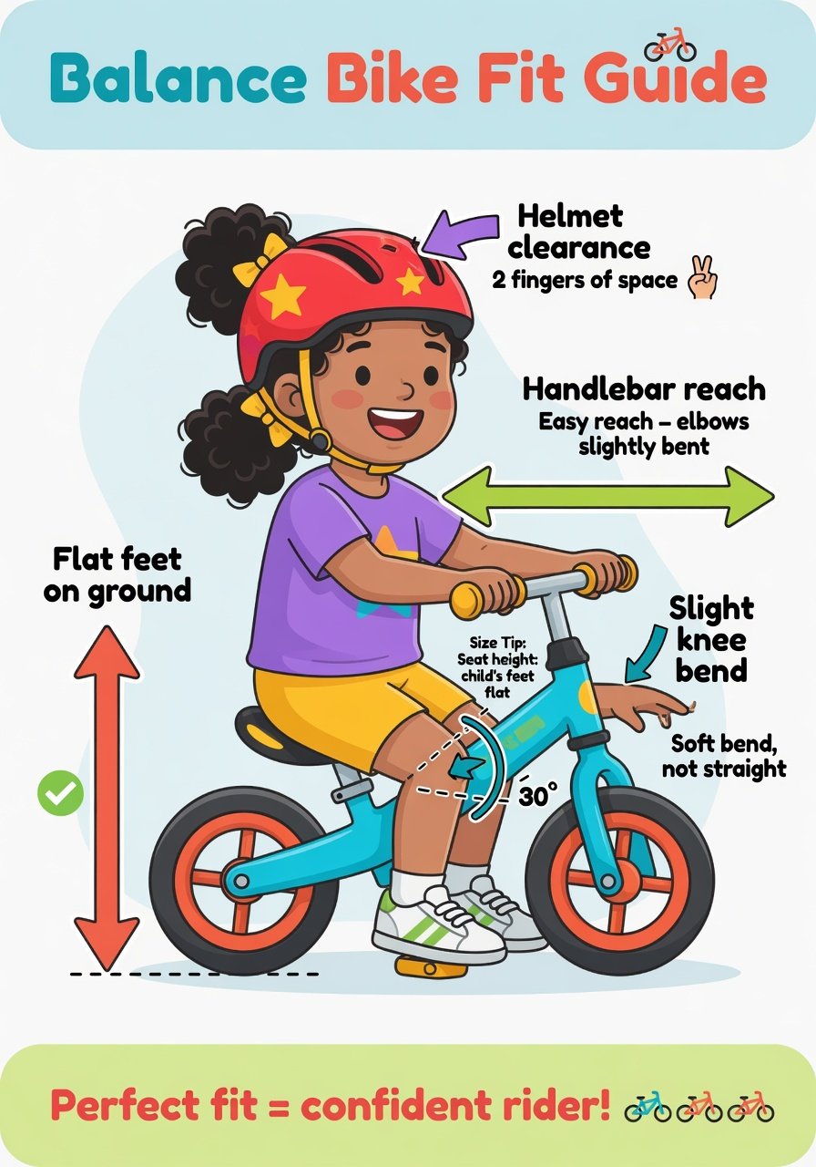 Infographic showing proper balance bike fit for a child with arrows indicating flat feet, knee bend and handlebar reach