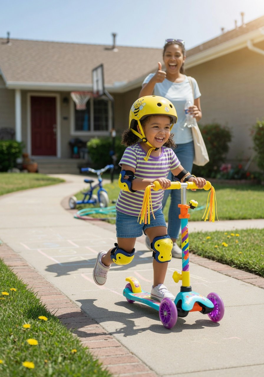 Young child aged 3 riding a three-wheeled kick scooter on a driveway with parent nearby
