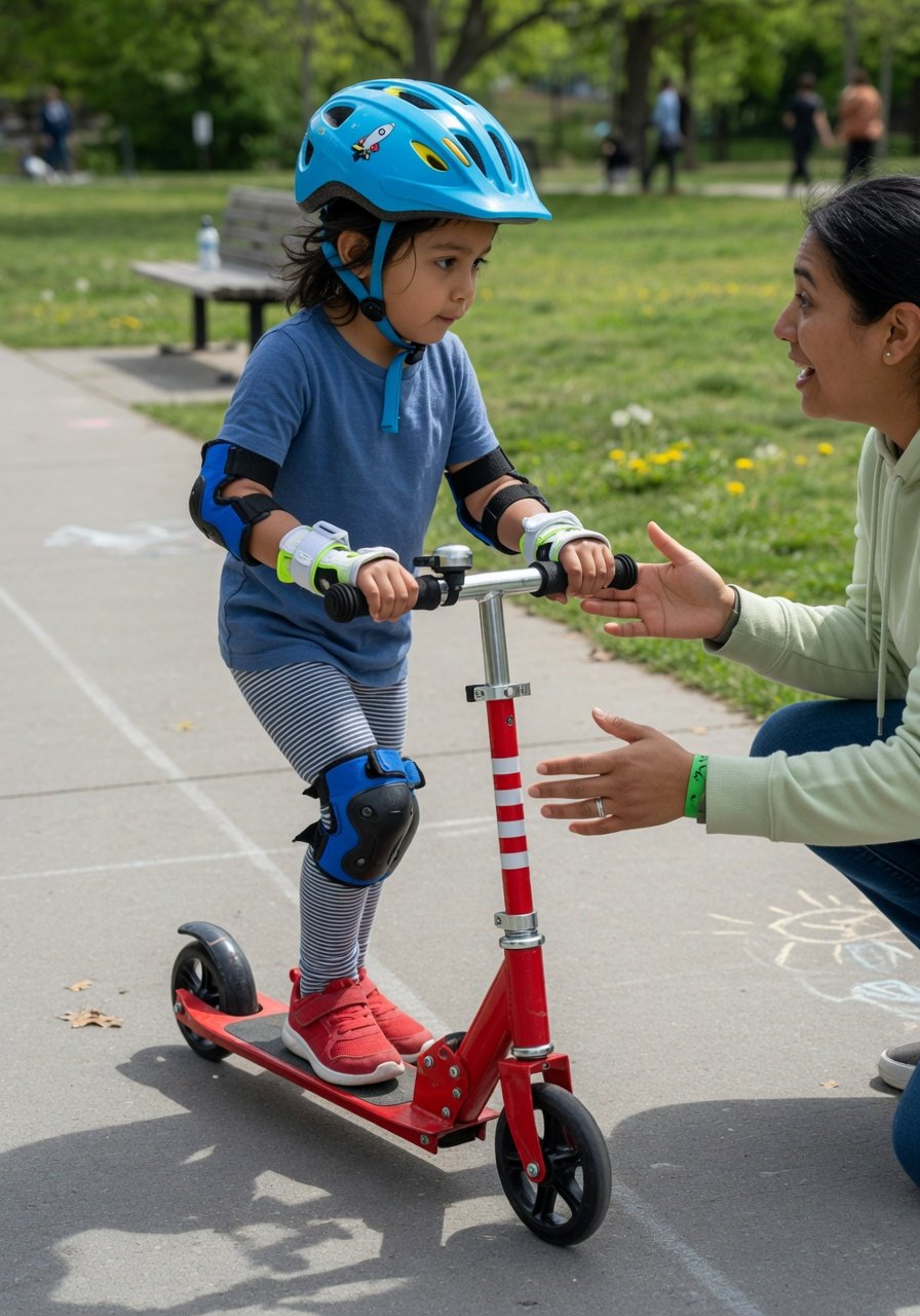 Child aged 5 learning to balance on a two-wheeled kick scooter on a flat path with parent coaching