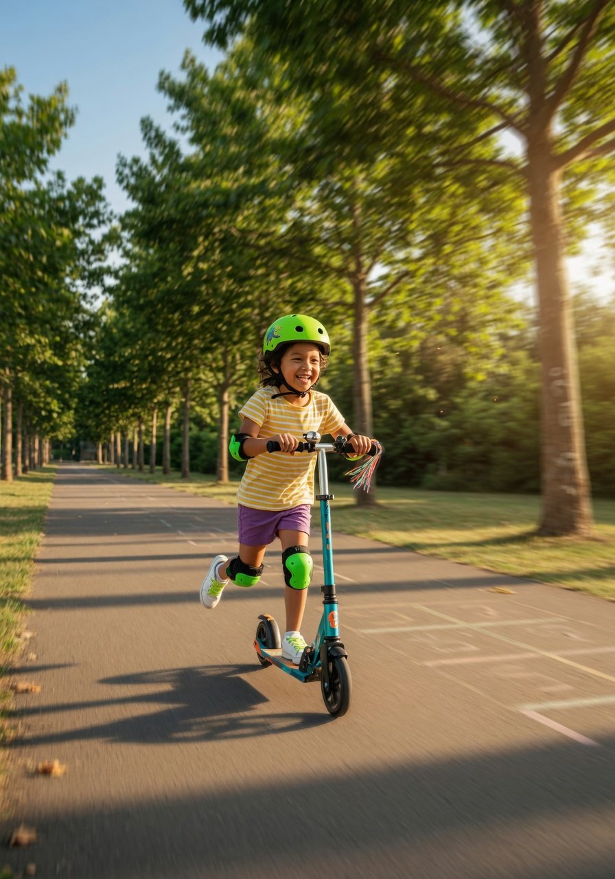 Happy child riding a kick scooter independently down a smooth quiet footpath on a sunny afternoon