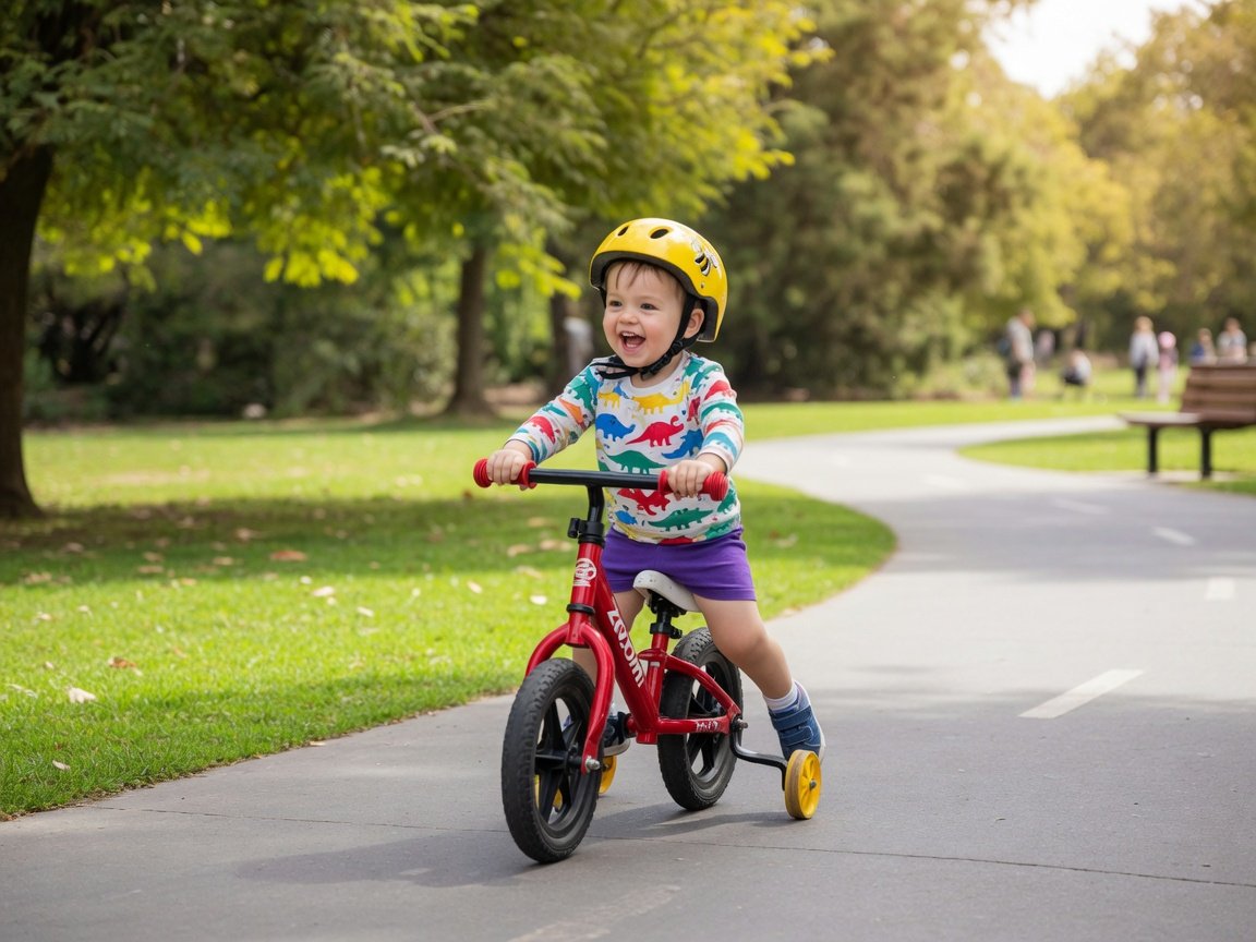 Toddler in a yellow helmet riding a red balance bike on a smooth park path
