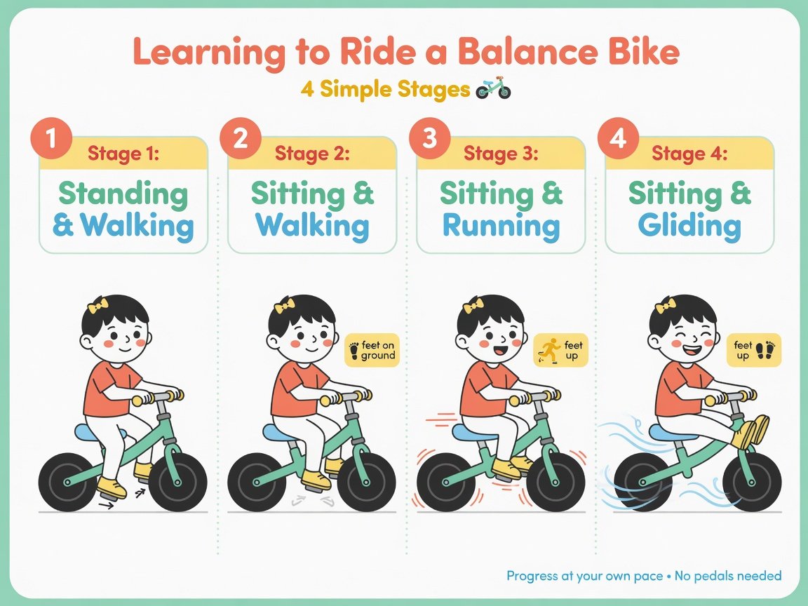 Four-stage infographic showing a child progressing from walking to gliding on a balance bike