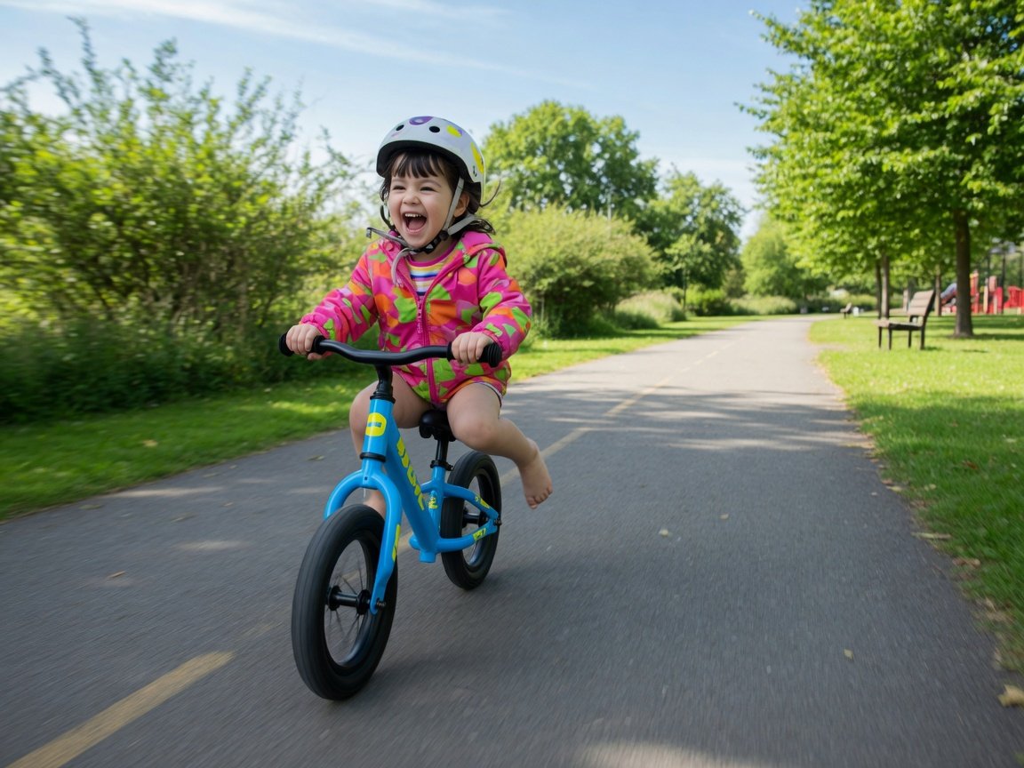 Preschool-aged child gliding confidently on a balance bike with feet lifted at a sunny outdoor bike path