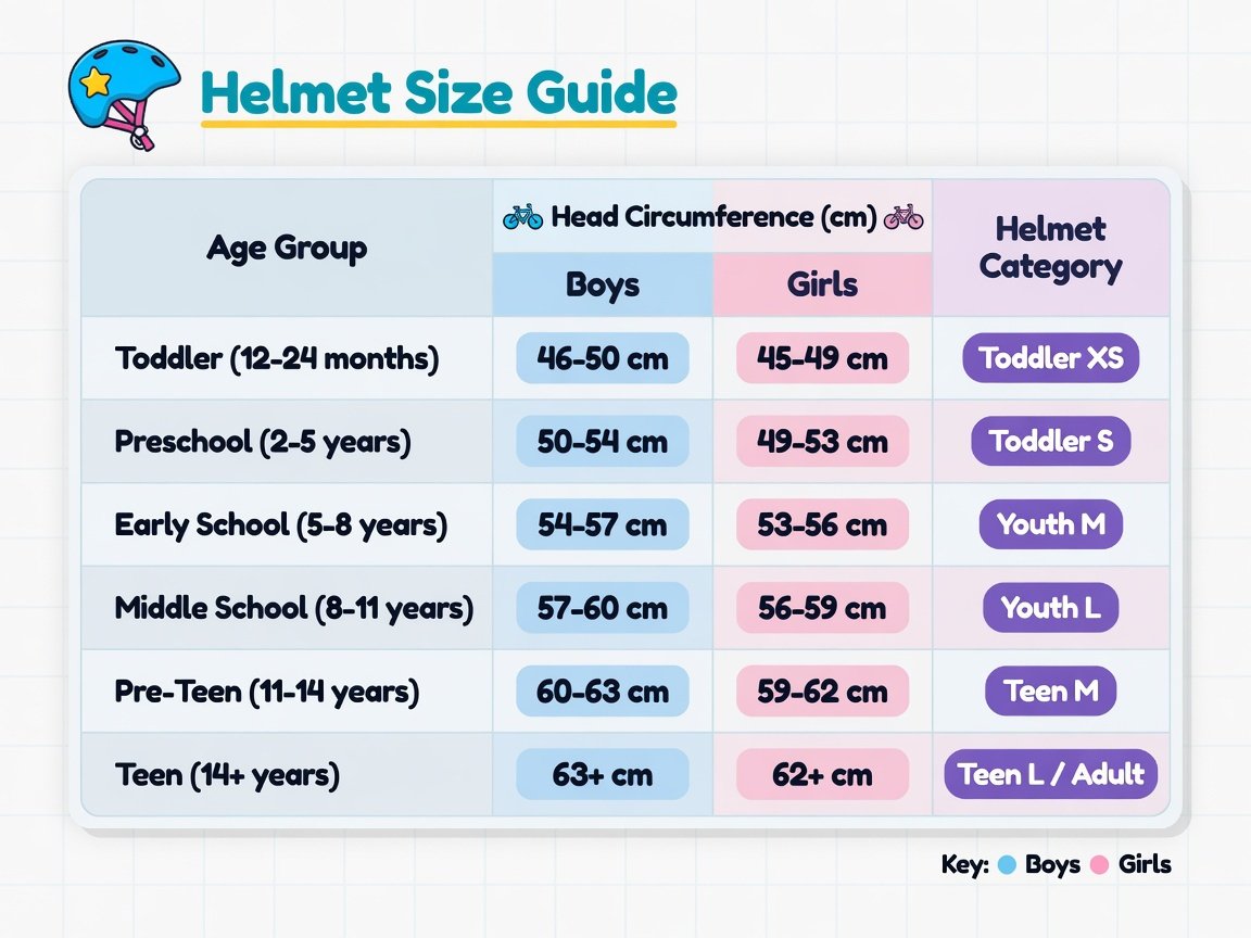 Kids bike helmet size chart by age showing head circumference in centimeters for boys and girls