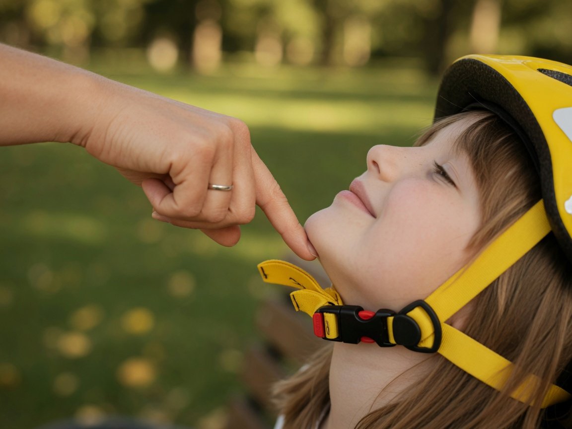 Parent adjusting child bike helmet chin strap performing the one-finger fit test