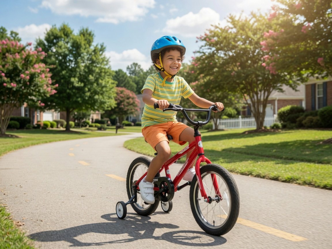 Happy child riding a bike wearing a correctly fitted bright blue helmet outdoors