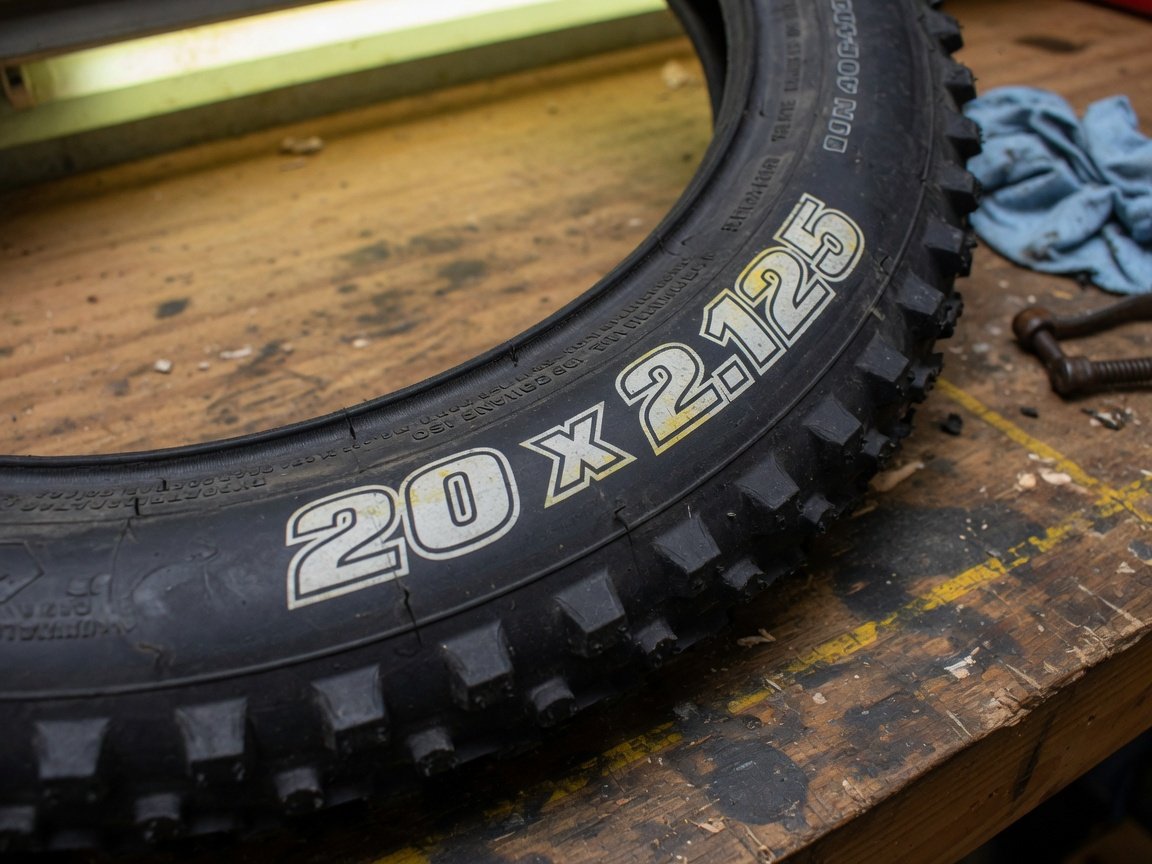 Close-up of a child's bike tire sidewall showing size markings "20 x 2.125" in clear focus, resting on a workbench with
