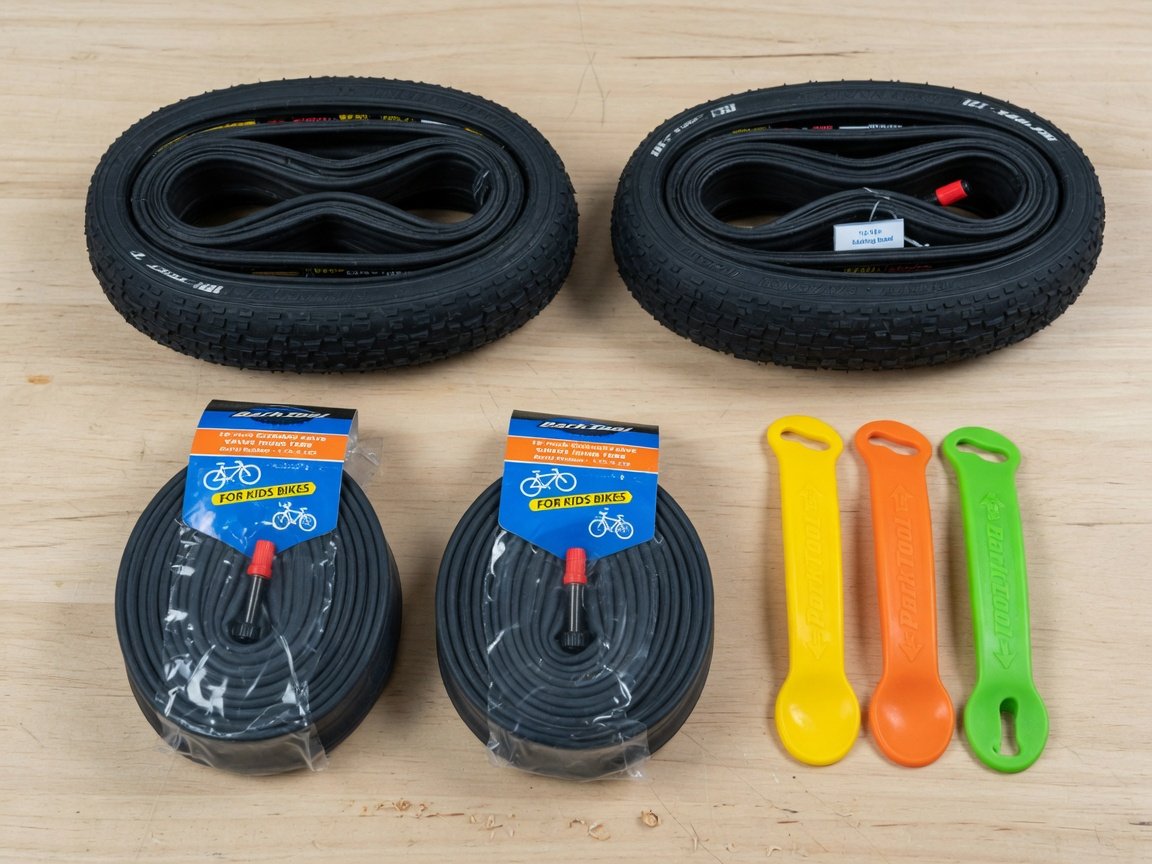 Complete kids bike tire replacement kit laid out flat on a clean wooden surface — two black folding tires, two inner