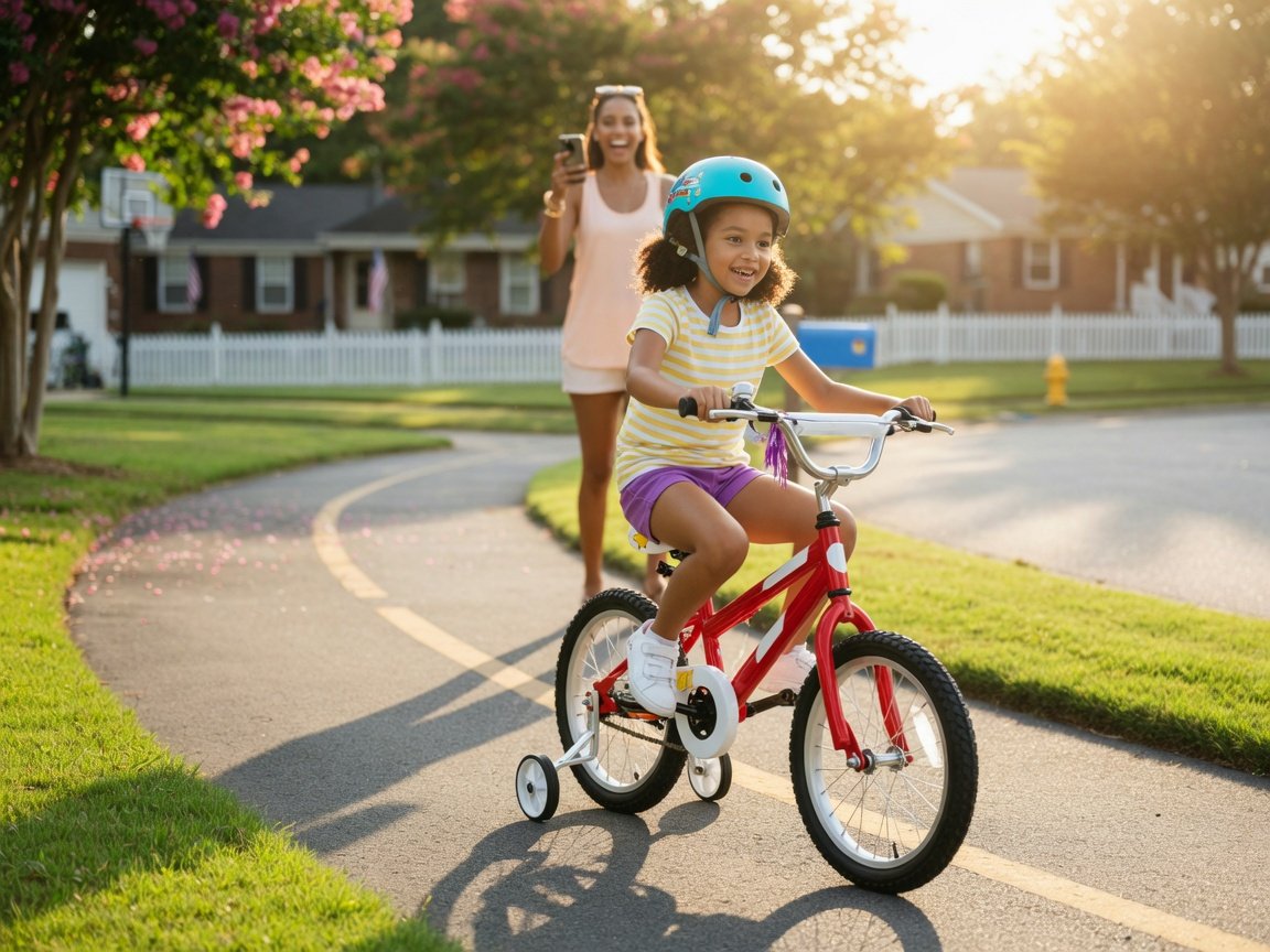 A young child riding confidently on a well-maintained kids bike with fresh black tires on a sunny suburban path, parent