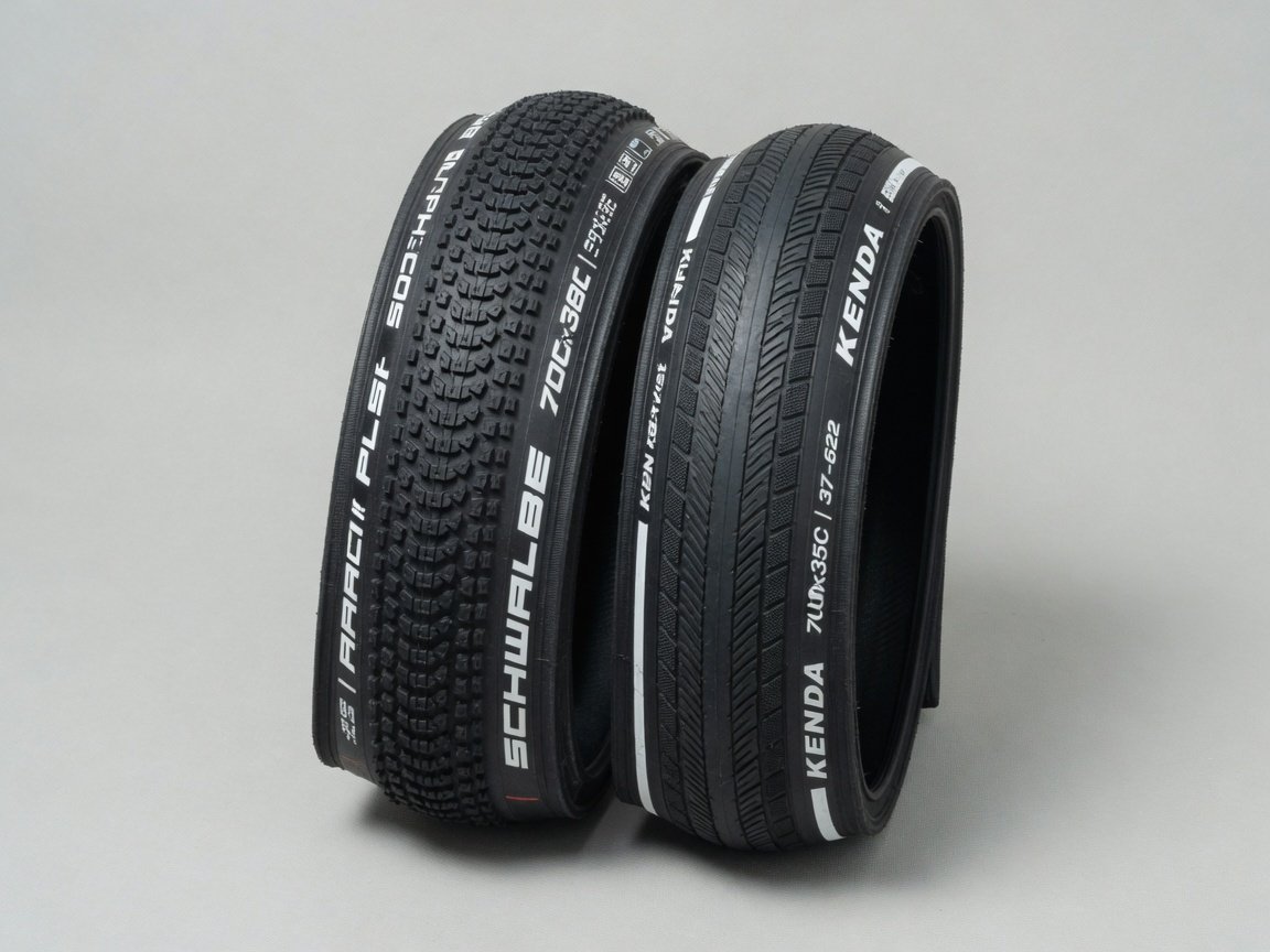 Two black kids bike tires standing upright side by side against a light grey background, tread pattern and sidewall