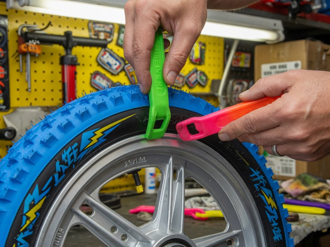 Parent's hands using bright plastic tire levers to mount a kids bike tire onto a silver alloy wheel rim, well-lit