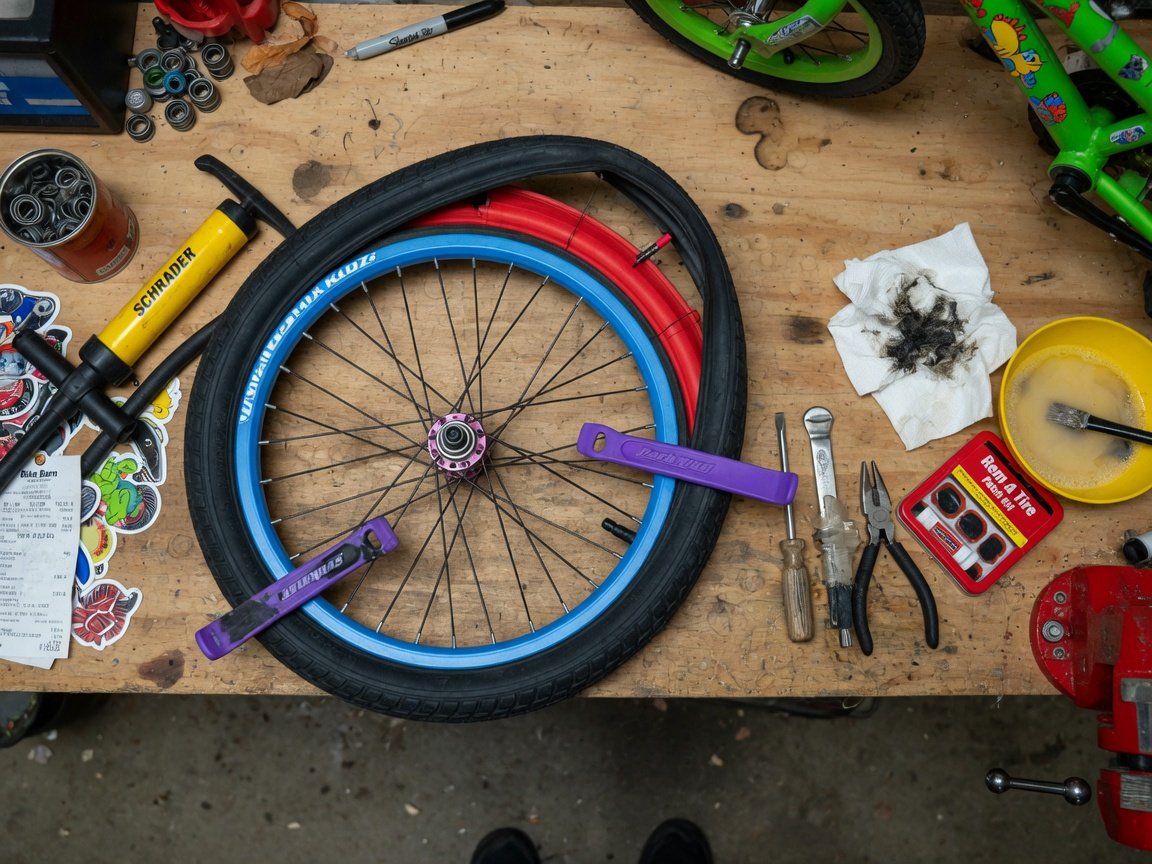 Overhead flat-lay of a complete tire replacement job in progress — kids bike wheel on a workbench, tire half-mounted