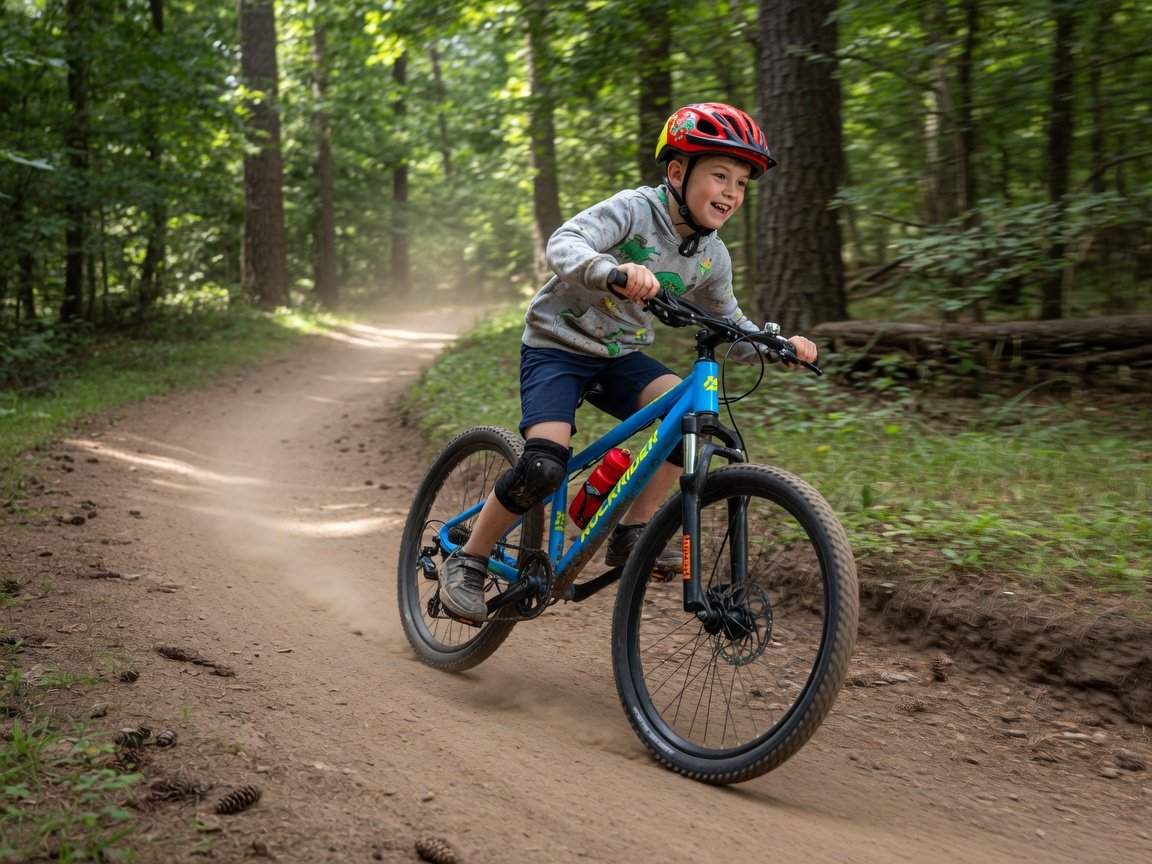 Young boy, around 9 years old, riding a blue 24-inch kids mountain bike with front suspension fork and disc brakes on a