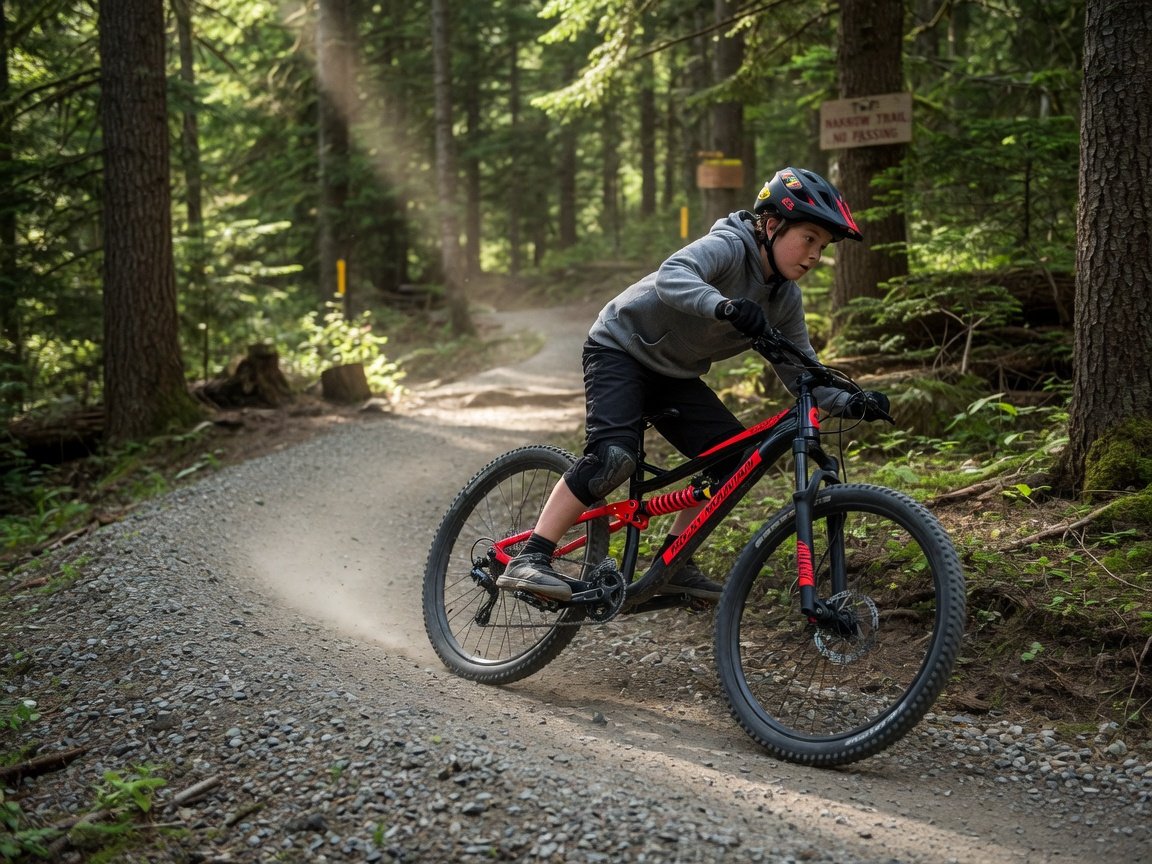 Teenage boy, around 13, riding a black and red 24-inch dual-suspension mountain bike on a gravel singletrack trail