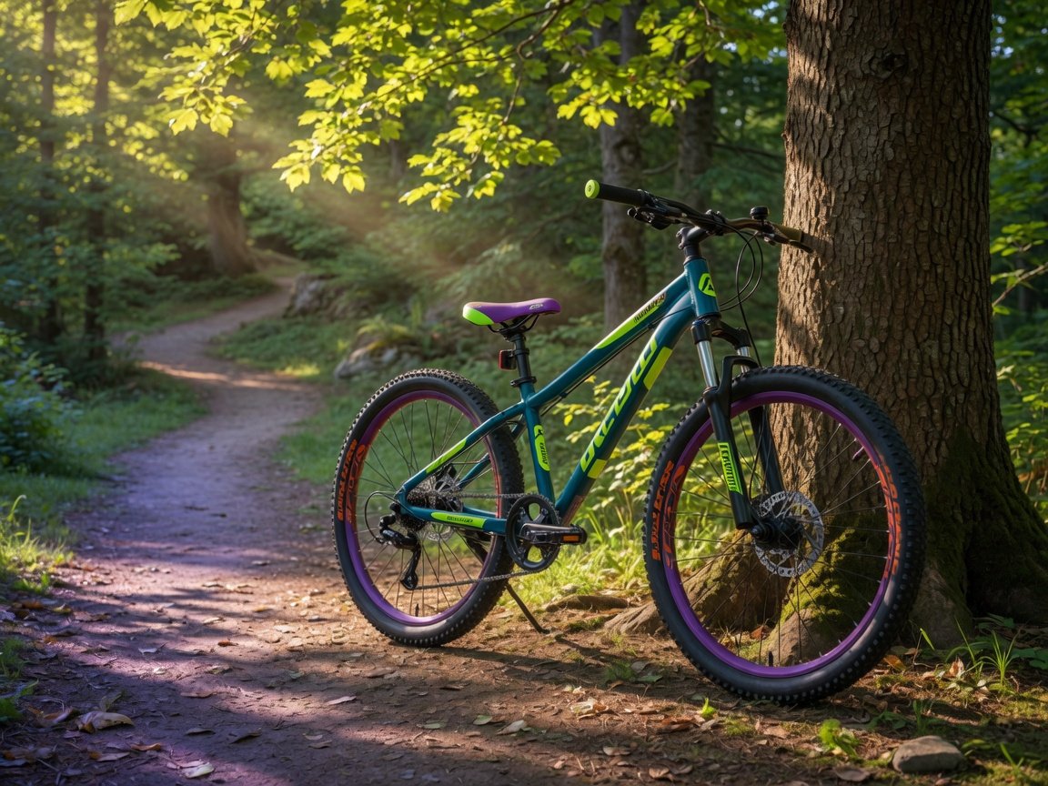 A 24-inch kids mountain bike with a lockable front suspension fork and disc brakes leaning against a tree at the edge