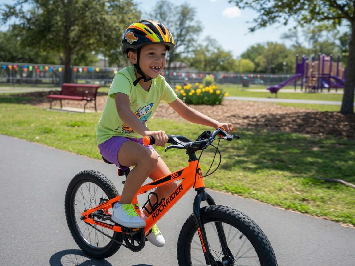 A child around 8 years old riding a bright orange and black 20-inch kids mountain bike on a smooth park path, helmet