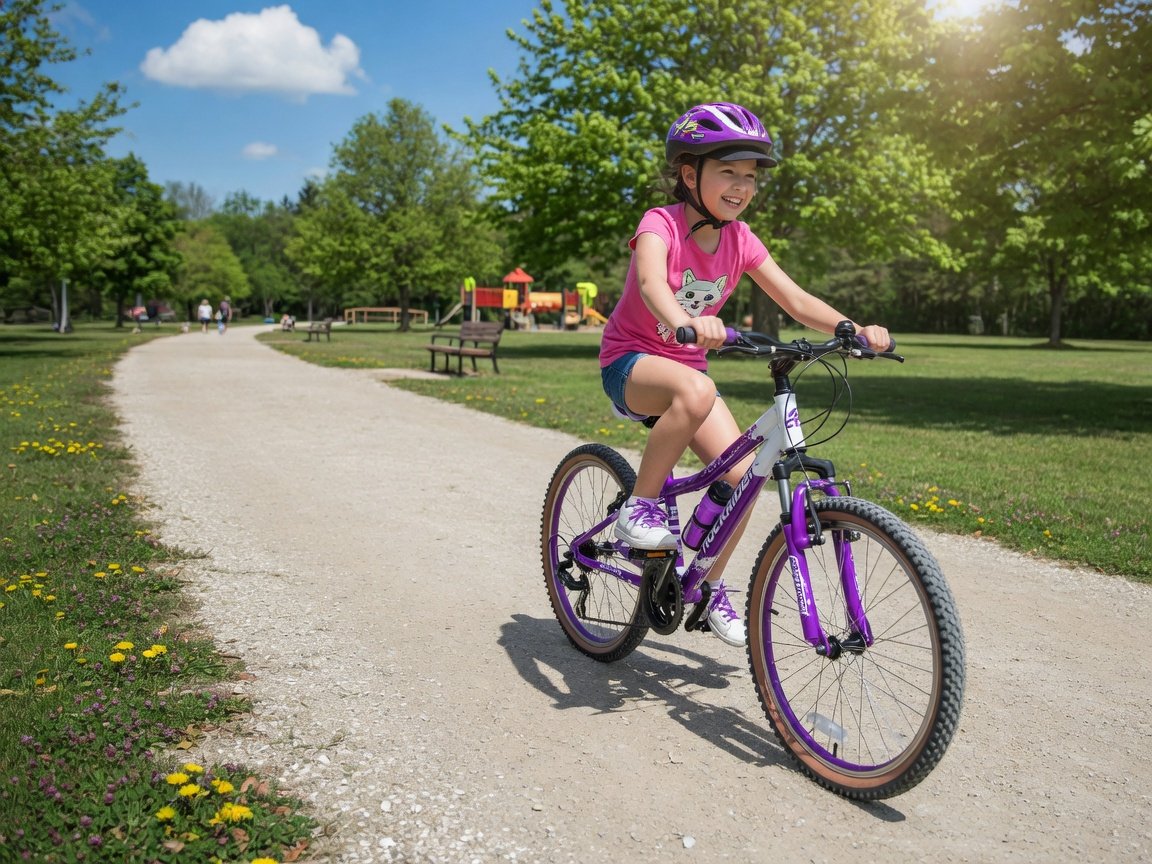 A girl around 10 years old riding a purple and white 24-inch kids mountain bike along a sunny gravel path through a