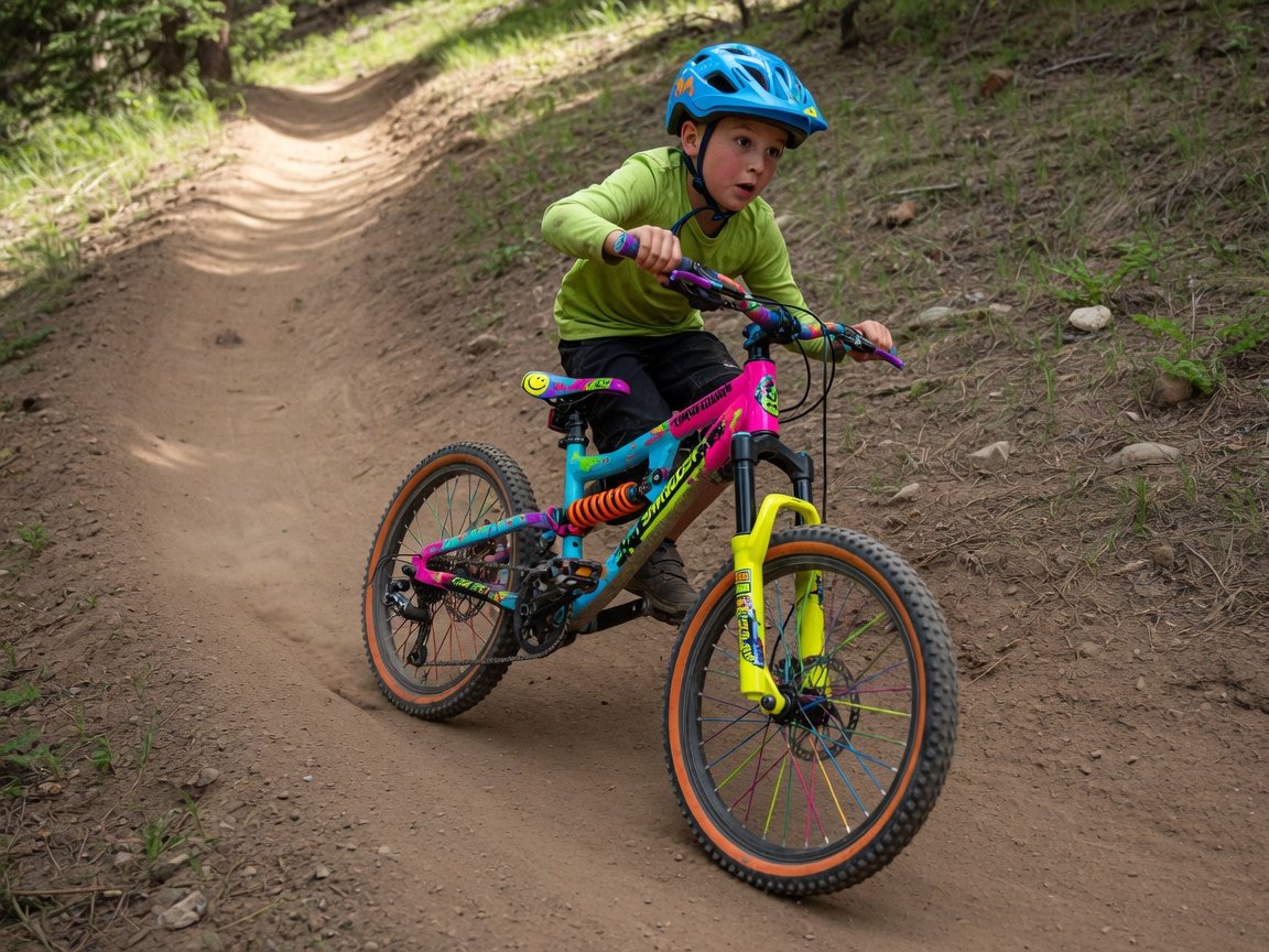 A young beginner rider, around 9 years old, on a colourful 20-inch dual-suspension kids mountain bike on a gentle dirt