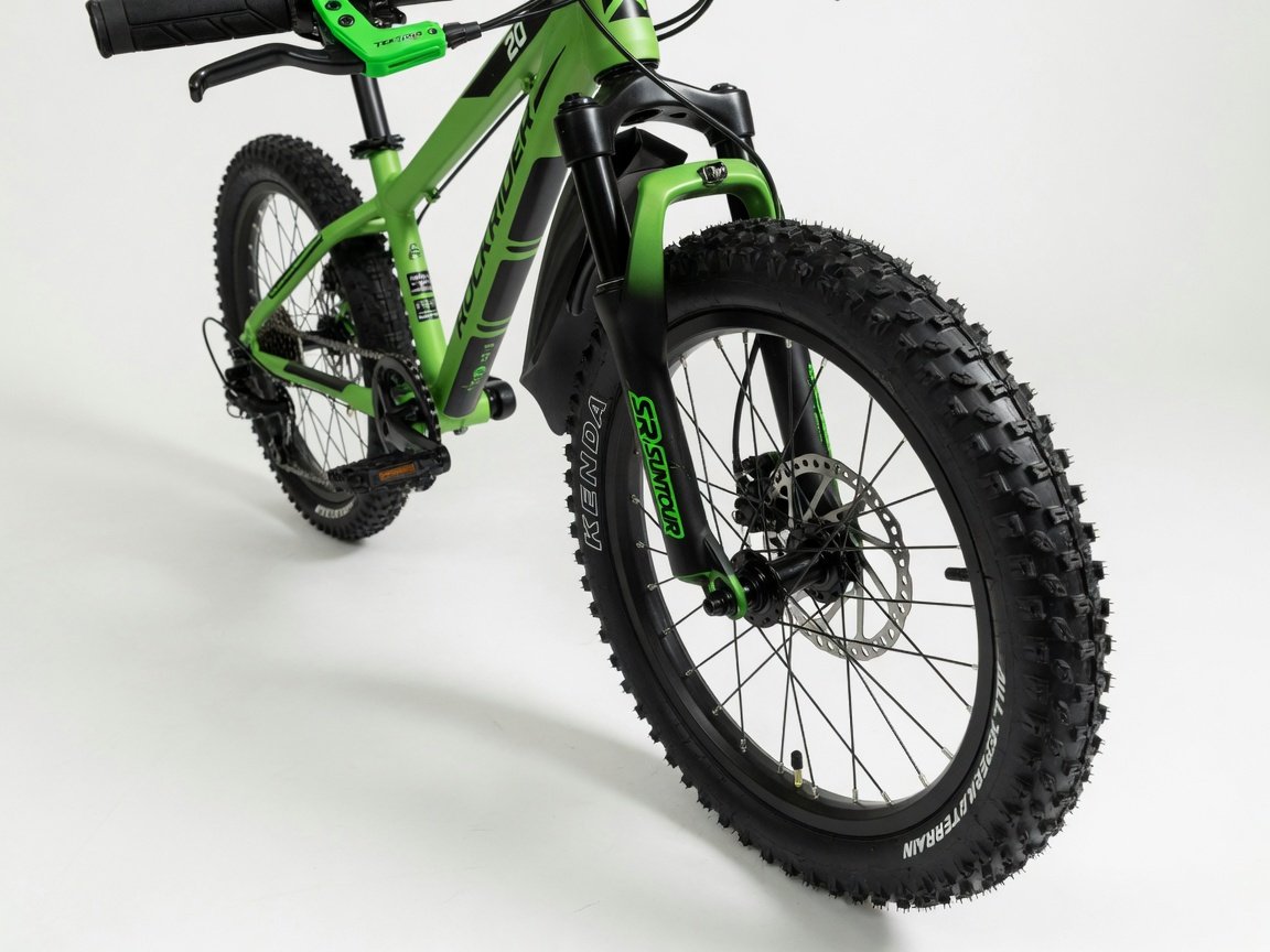 A green and black 20-inch kids mountain bike with suspension fork, disc brake rotors, and chunky all-terrain tires