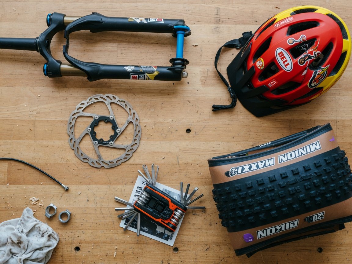 Flat lay of kids mountain bike components and accessories on a wooden workshop bench — a suspension fork, disc brake