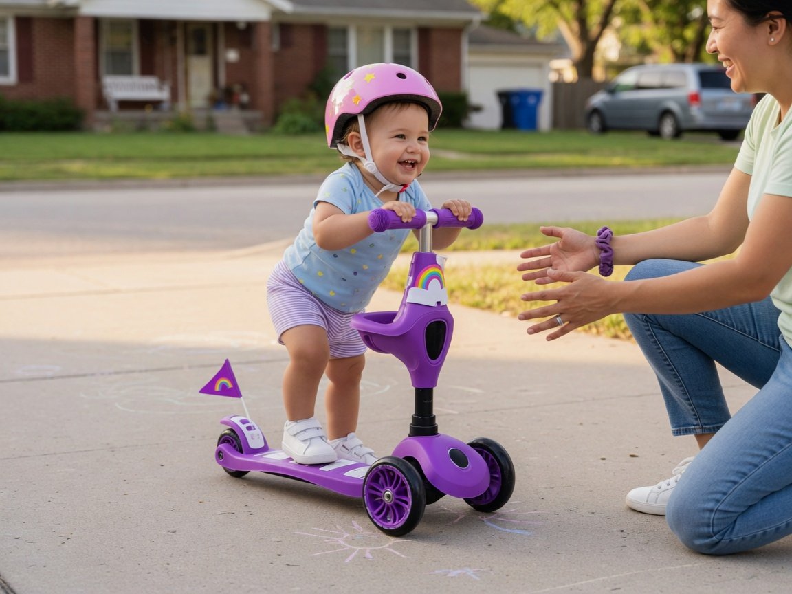Toddler aged 2 on a wide-deck three-wheeled scooter with a parent supervising nearby — best beginner scooter for young children
