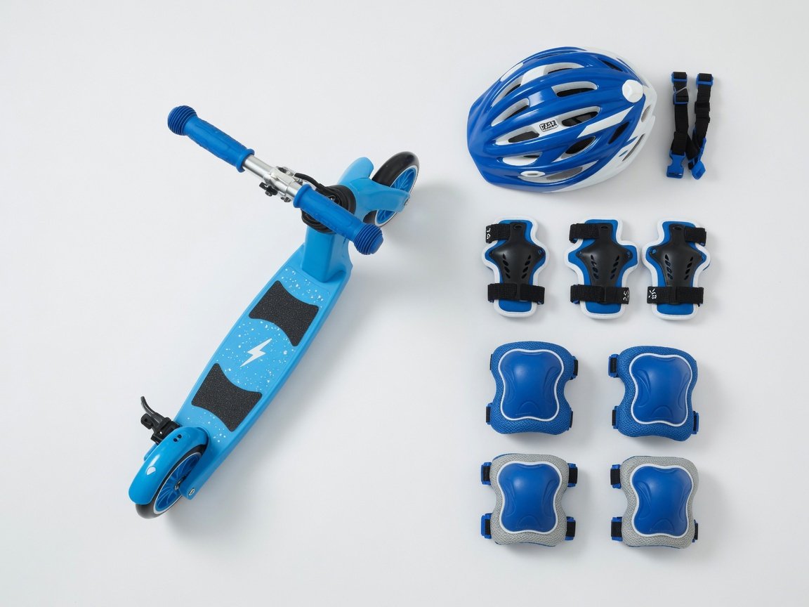 Children's scooter safety kit flat lay — helmet, wrist guards, knee pads and elbow pads for beginner riders
