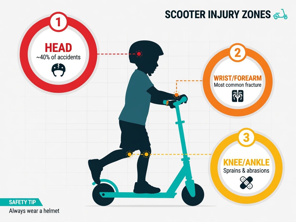 Illustrated diagram showing the most common kick scooter injury zones — wrist, head, and knee — on a child silhouette