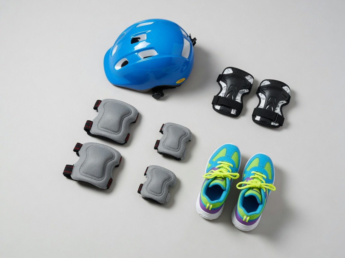 Flat-lay of essential kick scooter safety gear including helmet, wrist guards, knee pads, and elbow pads arranged neatly