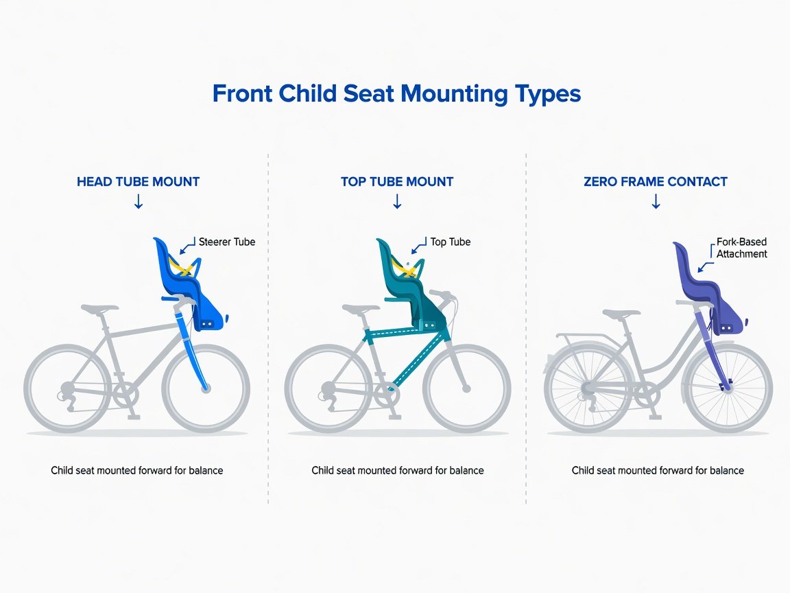 Infographic showing three front bike seat mounting types — head tube, top tube, and zero frame contact — side by side